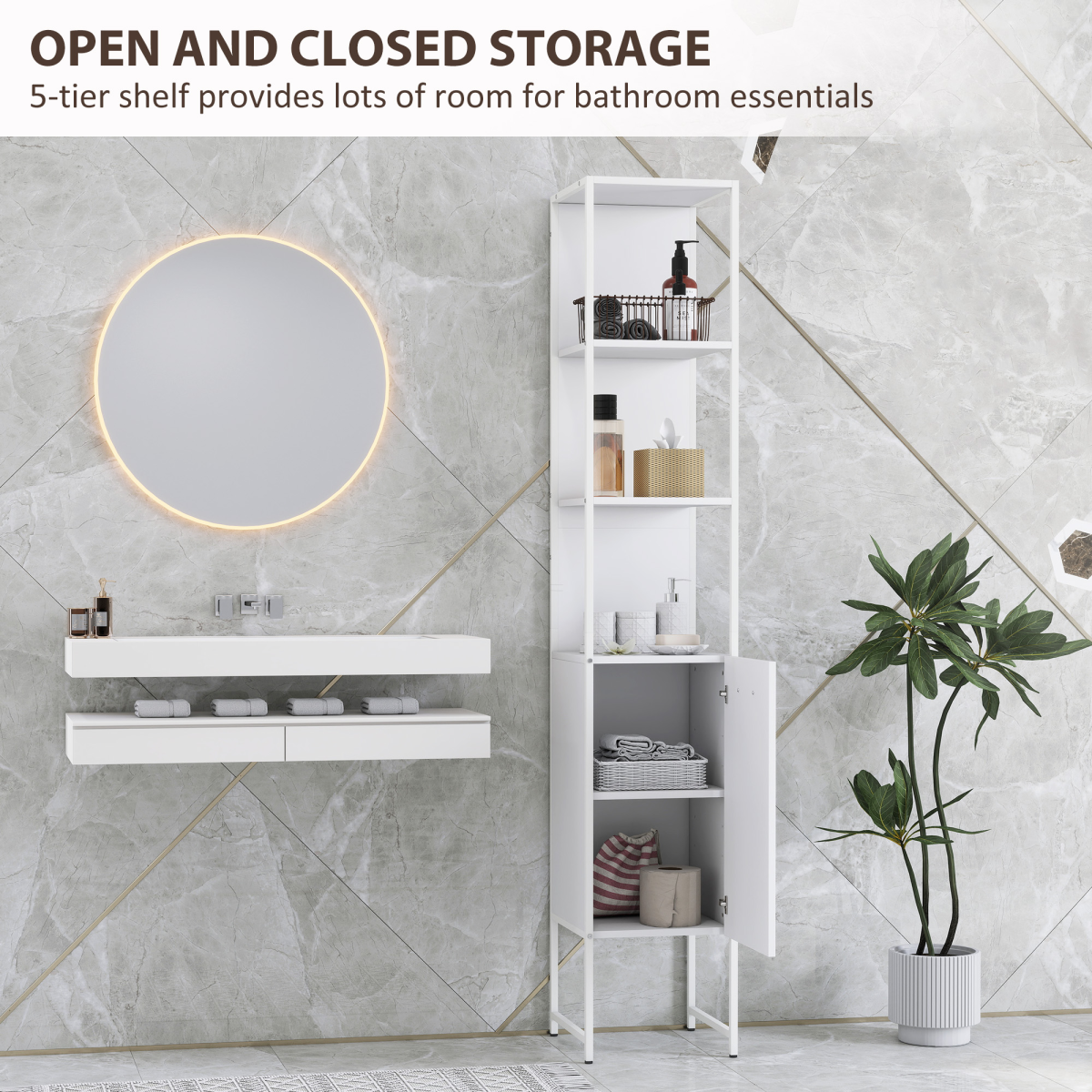 White Bathroom Storage Cabinet with Open & Closed Compartments – Freestanding Organiser