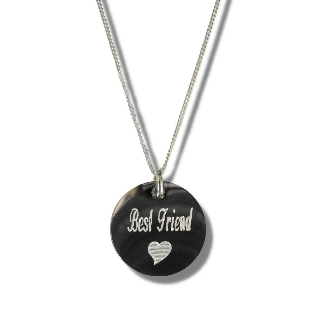 Best Friend Disc Necklace with Heart Symbol – Engraved Stainless Steel Pendant, Sterling Silver Chain
