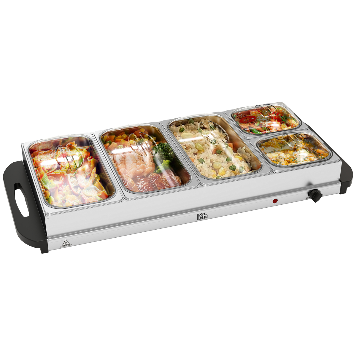 HOMCOM Electric Food Warmer with 5 Trays and Lids, 9.2L Buffet Server – Adjustable 58-85°C, Silver
