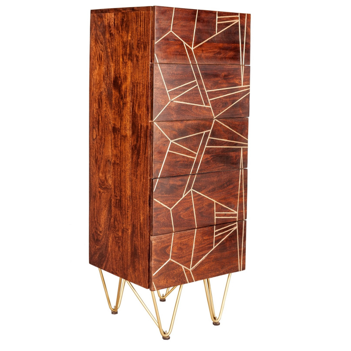 Indian Hub Dark Gold Tall Chest of Drawers, Solid Wood with Metal Inlay
