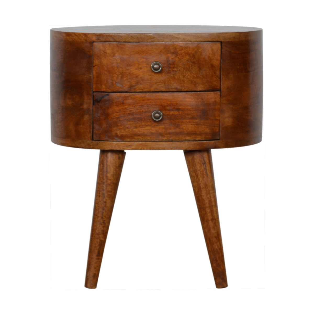 Artisan Furniture Chestnut Rounded Bedside Table with 2 Mini Drawers – Solid Mango Wood, Dark Brown