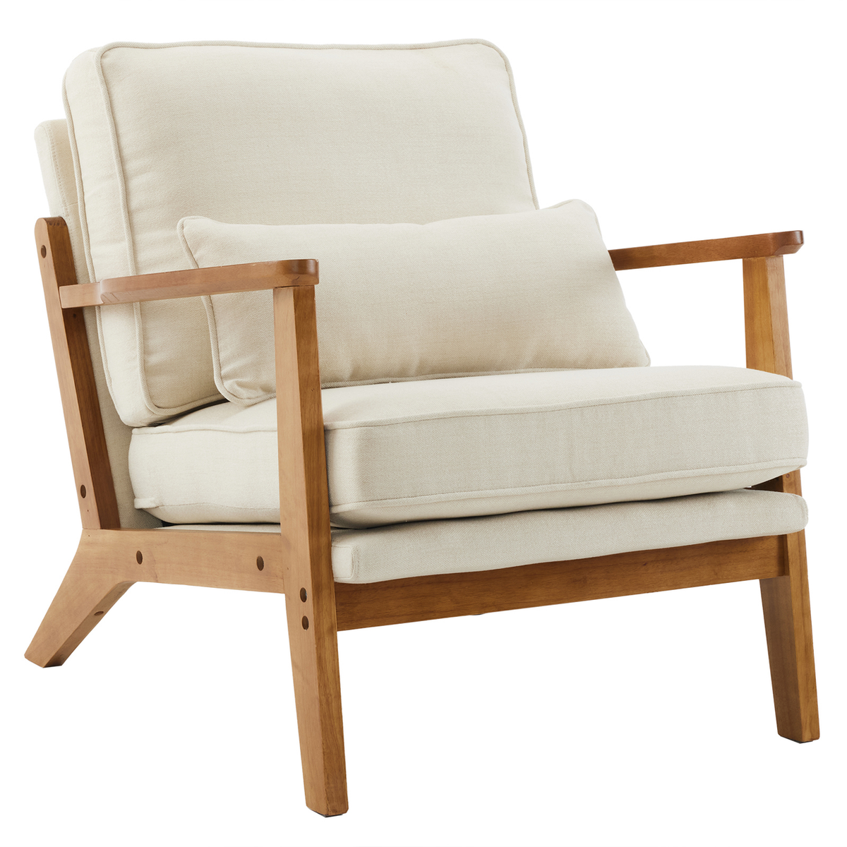Upholstered Single Lounge Chair with Solid Wood Armrests – Mid-Century Modern Accent Armchair, Off-White
