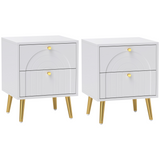 HOMCOM Set of 2 Bedside Tables with 2 Drawers – Arched Embossed Design with Gold Tone Pulls, White