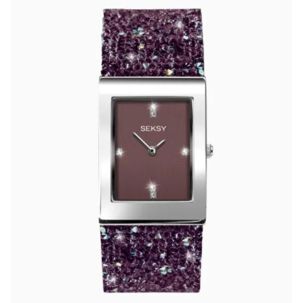 Seksy by Sekonda Ladies Rectangular Purple Dial Watch with Clear Stones – Silver Tone