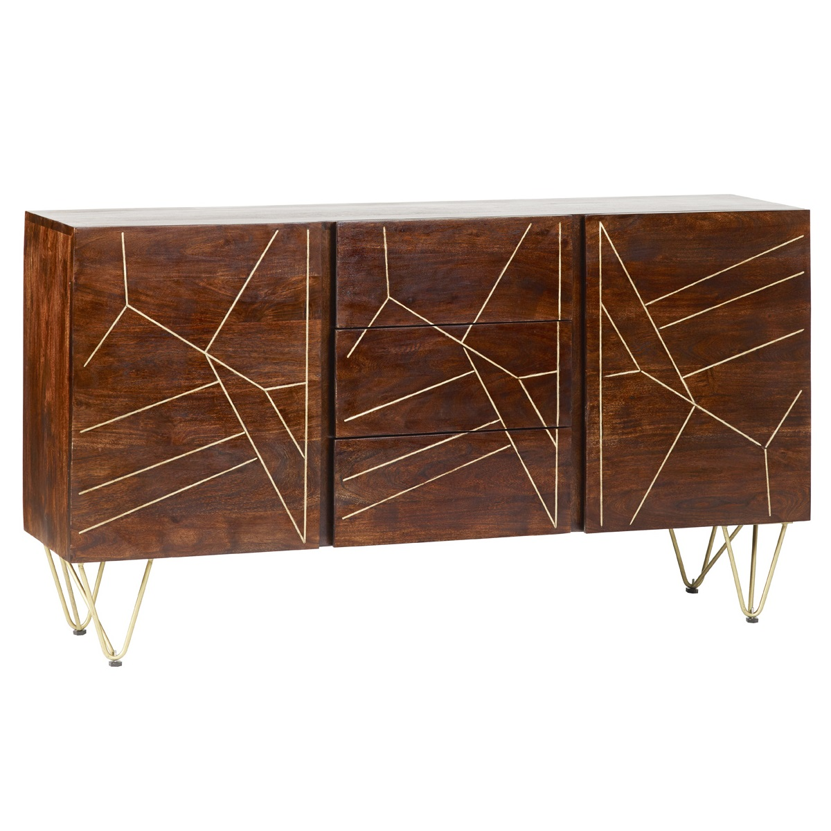 Extra Large Sideboard with Dark Gold Inlay, 3 Drawers & 2 Doors – Solid Wood Storage for Dining & Living Rooms