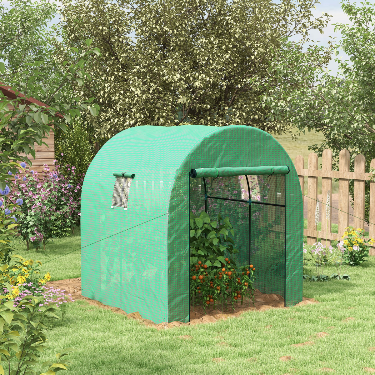 Walk-in Greenhouse with UV-Resistant PE Cover, Roll-Up Door & Mesh Windows – Garden Grow House, Green