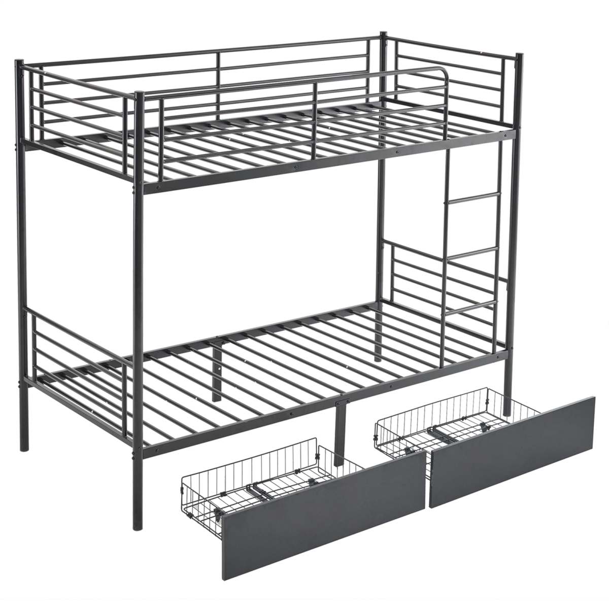 Metal Single Bunk Bed with 2 Storage Drawers, Integrated Ladder & Guard Rail – Black
