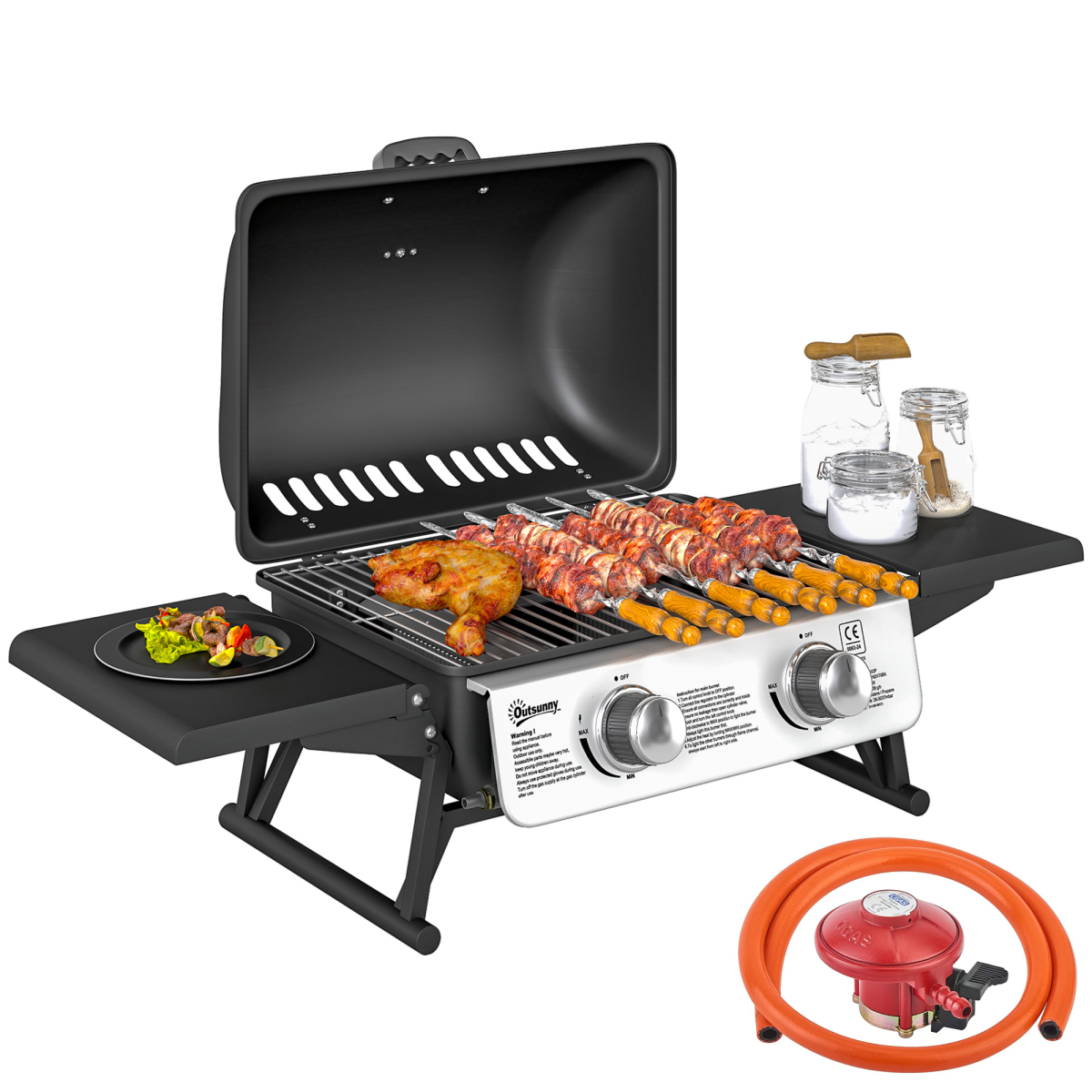 Outsunny Portable Tabletop Gas BBQ Grill with 2 Burners, Lid & Thermometer – Compact Outdoor Barbecue, Black
