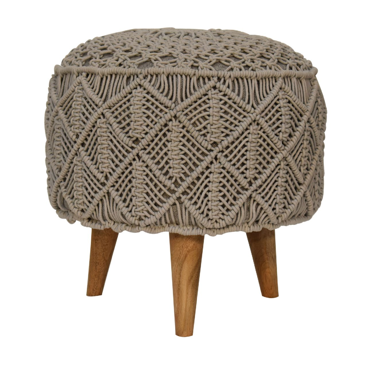 Artisan Furniture Solid Wood Footstool in Braided Grey Cotton with Nordic Style Legs – Boho Accent Seat, Beige