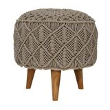 Artisan Furniture Solid Wood Footstool in Braided Grey Cotton with Nordic Style Legs – Boho Accent Seat, Beige