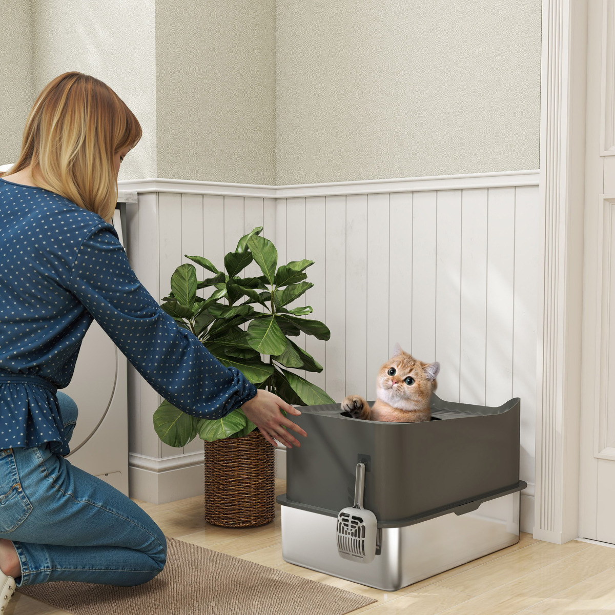 Enclosed Cat Litter Box with Top Entrance, Stainless Steel Tray & Scoop – 65L Odour-Control Litter Tray, Dark Grey