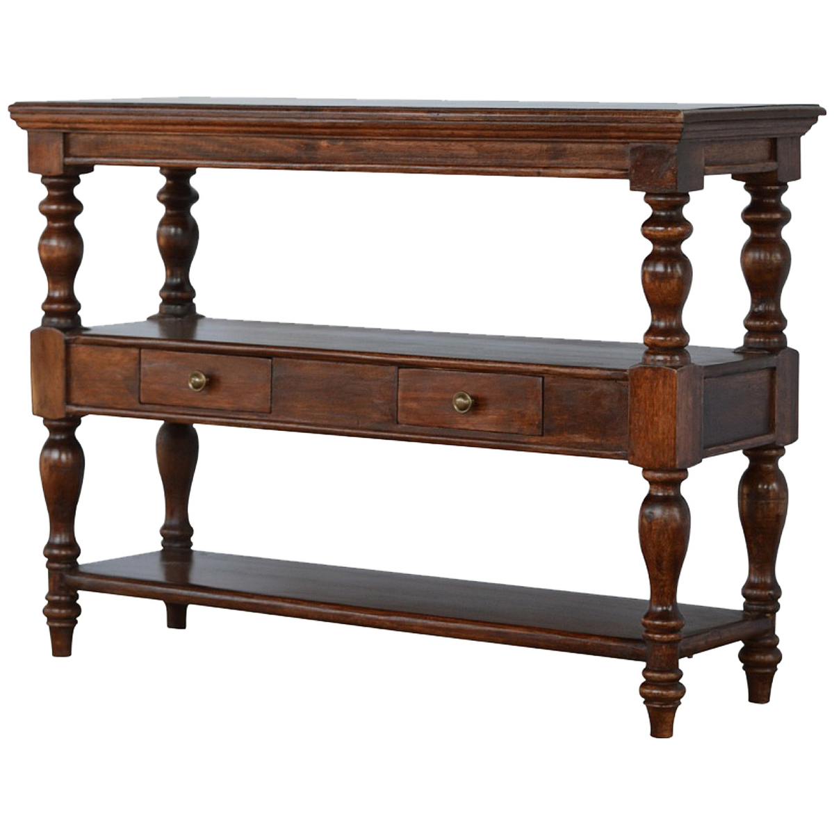 Artisan Furniture Solid Wood Turned Leg Console Table with Drawer & Shelves – Living Room Accent, Brown