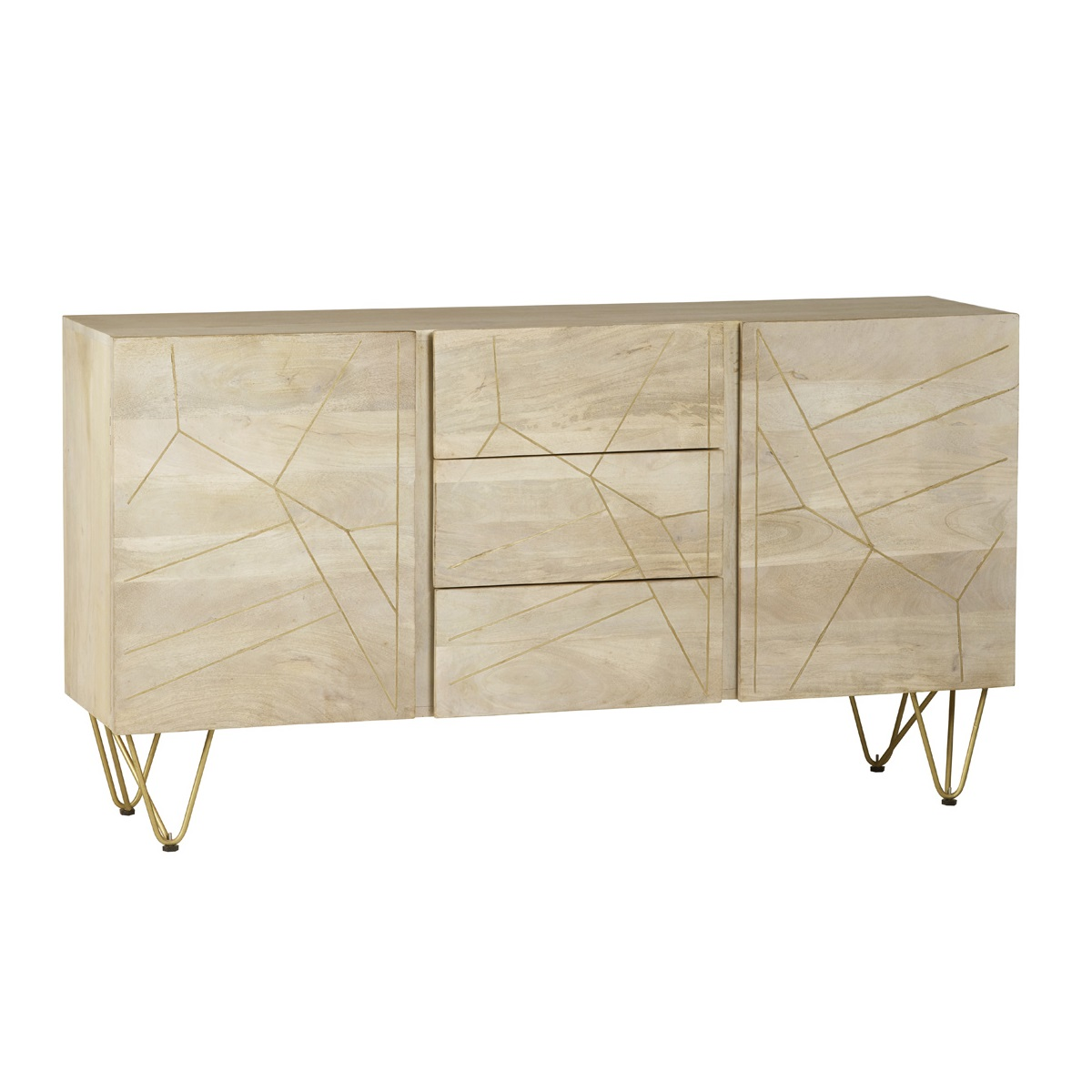 Extra Large Sideboard with Light Gold Metal Inlay, 3 Drawers & 2 Cupboard Doors – Solid Wood