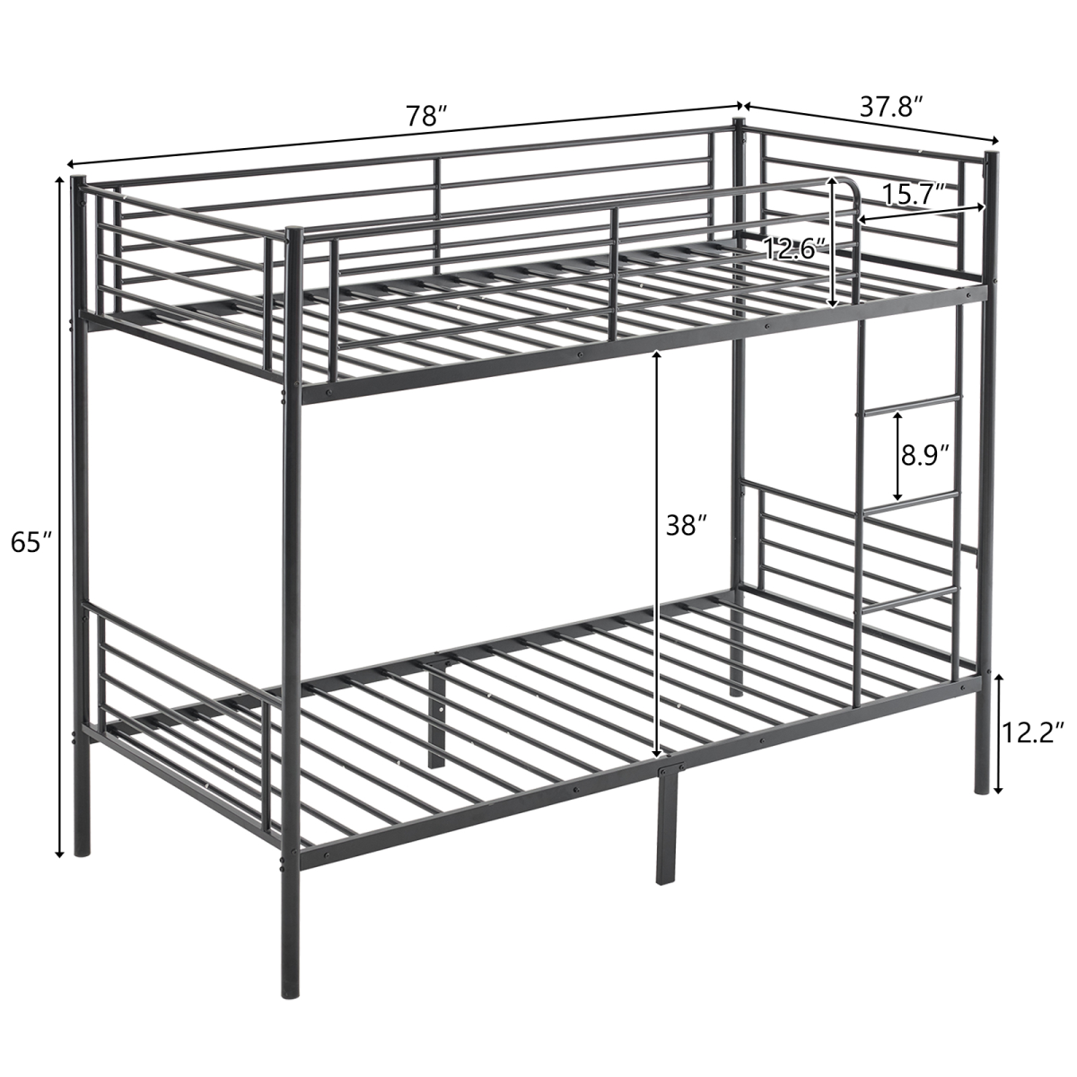 Heavy Duty Metal Single Bunk Bed with Ladder & Guard Rail – Space-Saving Frame, Black