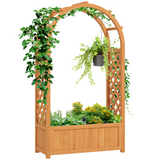 Outsunny Wooden Raised Garden Bed with Side & Arch Trellises, Drainage Holes & Fabric Liner – Fir Wood