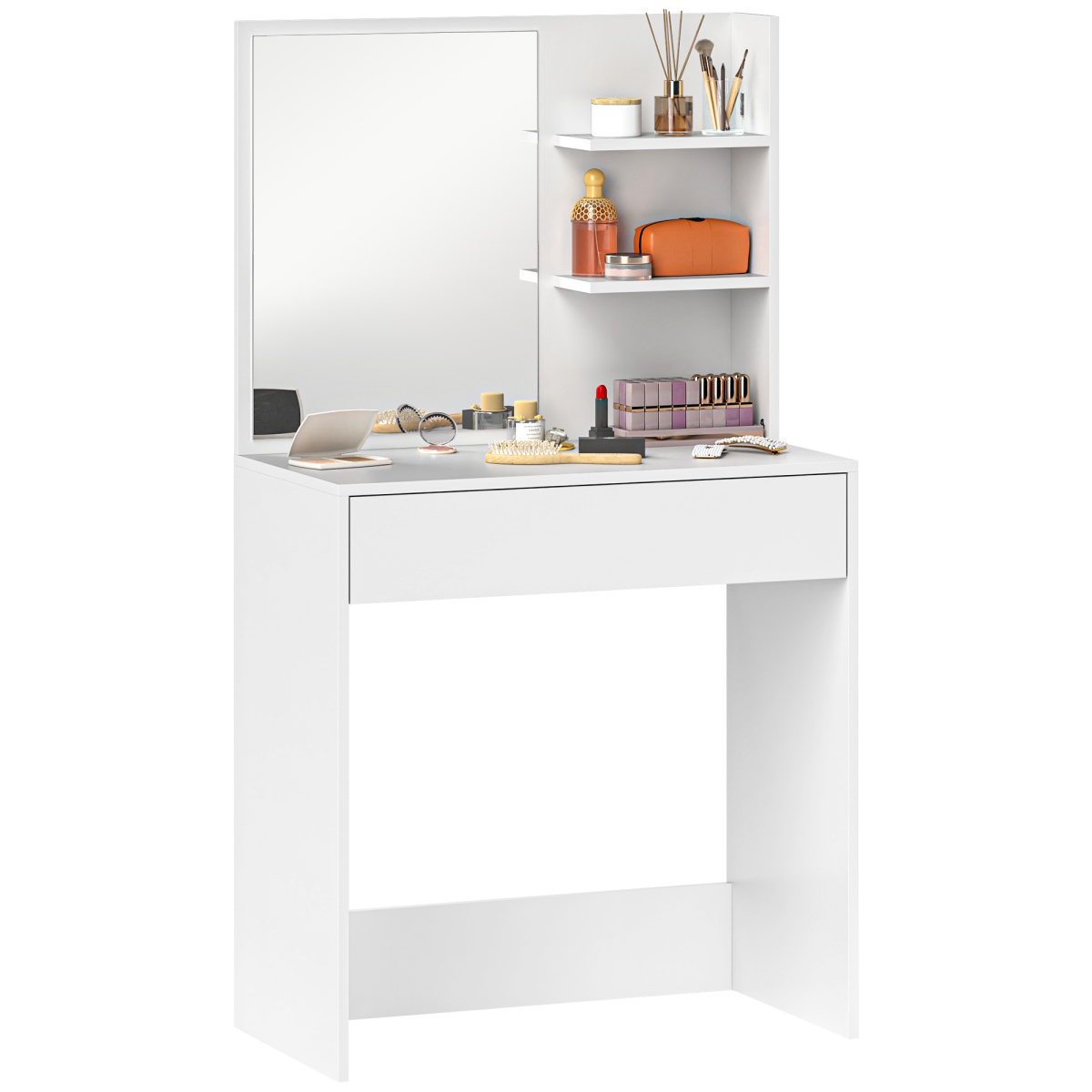 HOMCOM Modern Dressing Table with Large Mirror, Drawer & 3-Tier Open Shelves – Bedroom Vanity, White