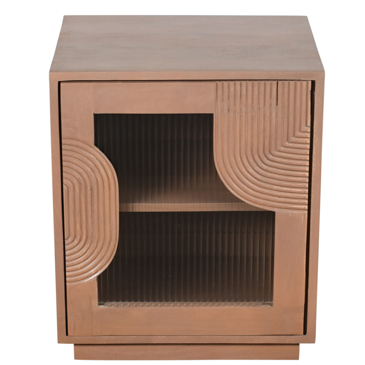 Indian Hub Indus Solid Mango Wood Bedside Table with Fluted Glass Panels – Pale Taupe
