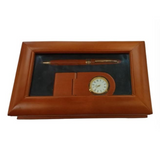 IMPERIAL Desk Clock and Ball Pen Gift Set in Matt Brown Wood with Gold Trim – IMP69