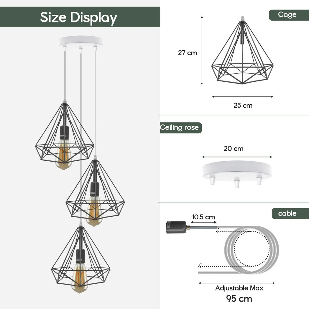 LEDSONE 3-Head Round Base Vintage Industrial Cage Pendant Light, E27 Dimmable – Loft Style Metal Lamp