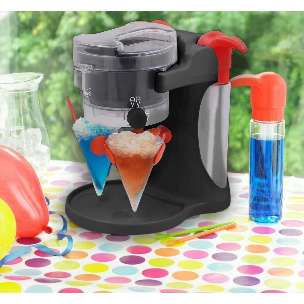 Neo Snow Cone Slushy Maker Machine with 4 Reusable Cups and 2 Syrup Dispensers – Shaved Ice Party Maker, Black