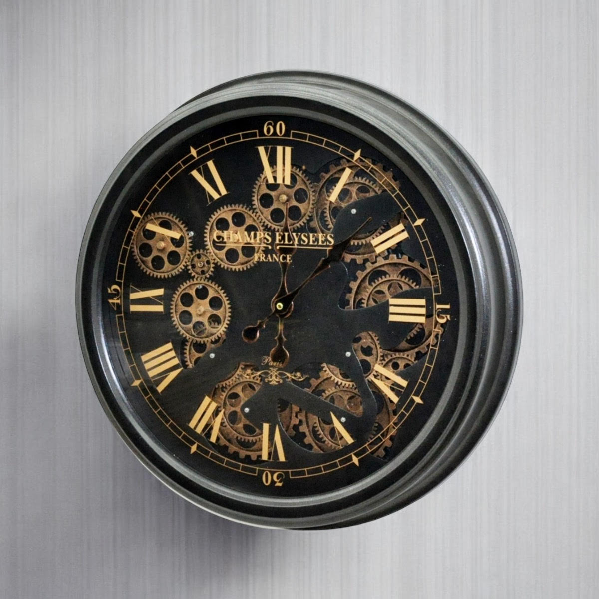 MSL 52cm Industrial Roman Numeral Wall Clock with Moving Gears – Battery Quartz Decorative Timepiece, Black
