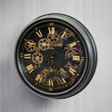 MSL 52cm Industrial Roman Numeral Wall Clock with Moving Gears – Battery Quartz Decorative Timepiece, Black