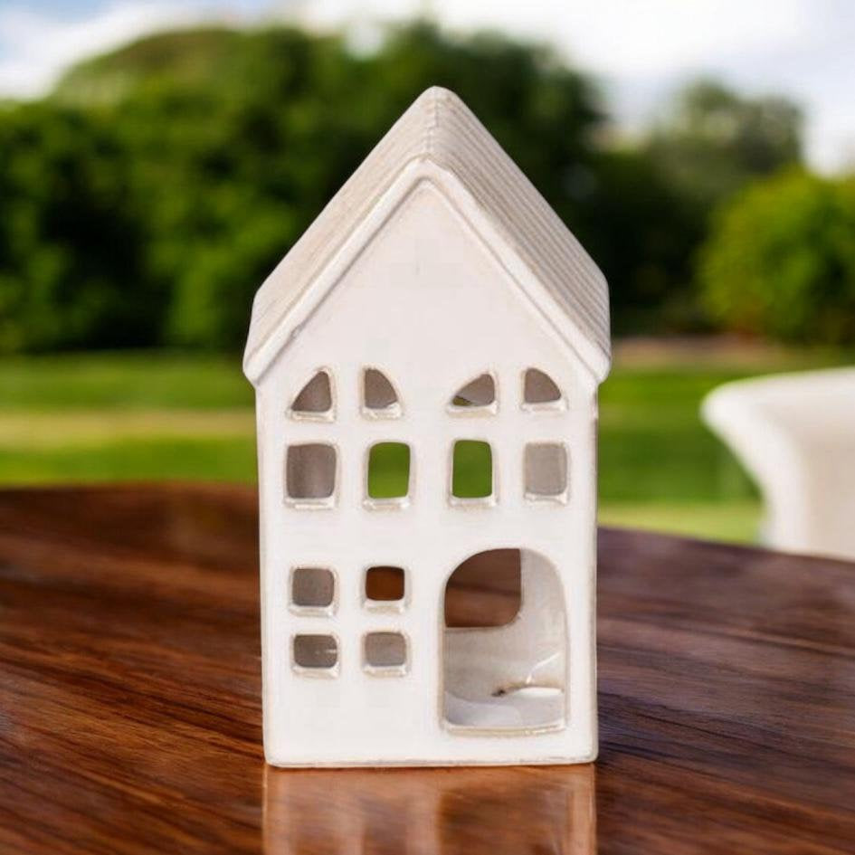 Ceramic House Tea Light Holder – Painted Village Pottery Candle Holder, Boxed Gift