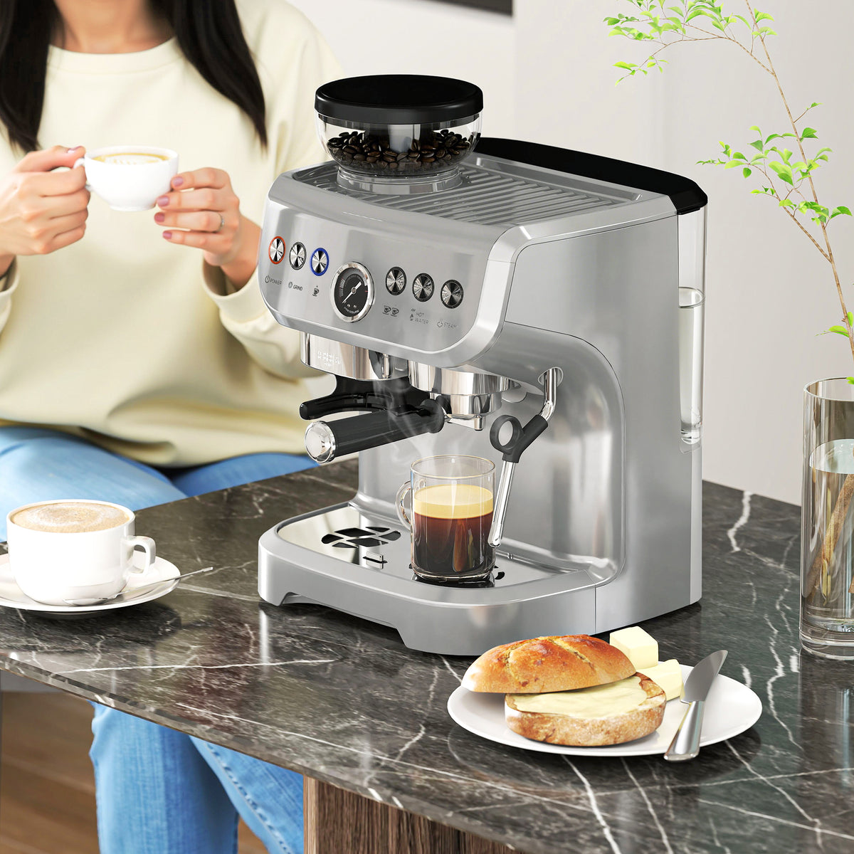 HOMCOM 15 Bar Espresso Machine with Bean Grinder & Steam Wand – Cup Warmer, Silver