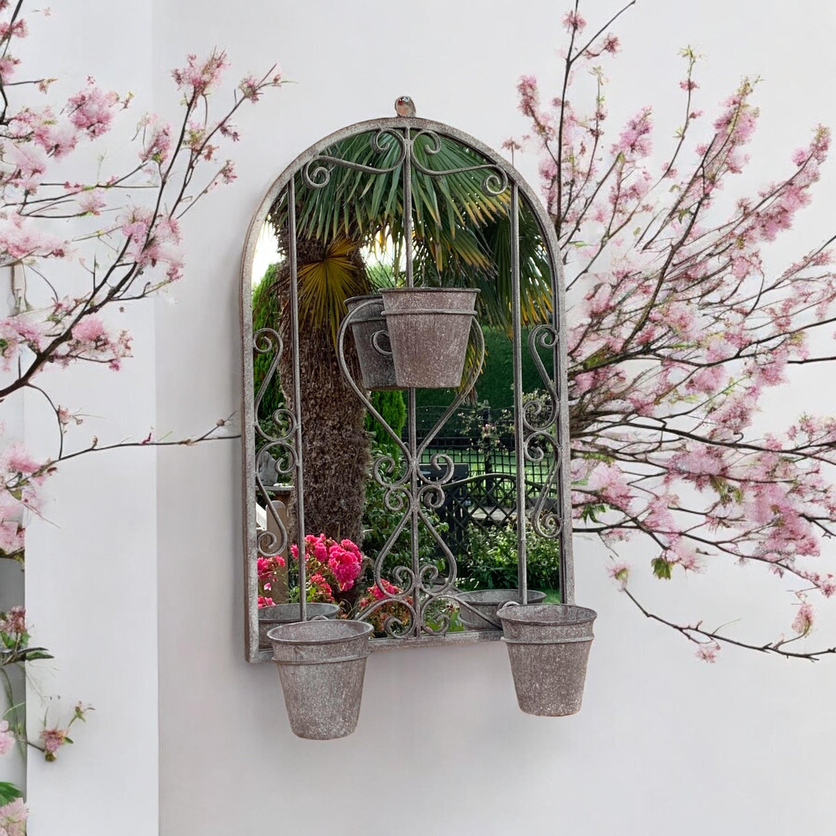 AcaciaHome Vintage Rusty Metal Wall Mirror with Triple Planter 3 Pots Holder – 70cm Arch Design