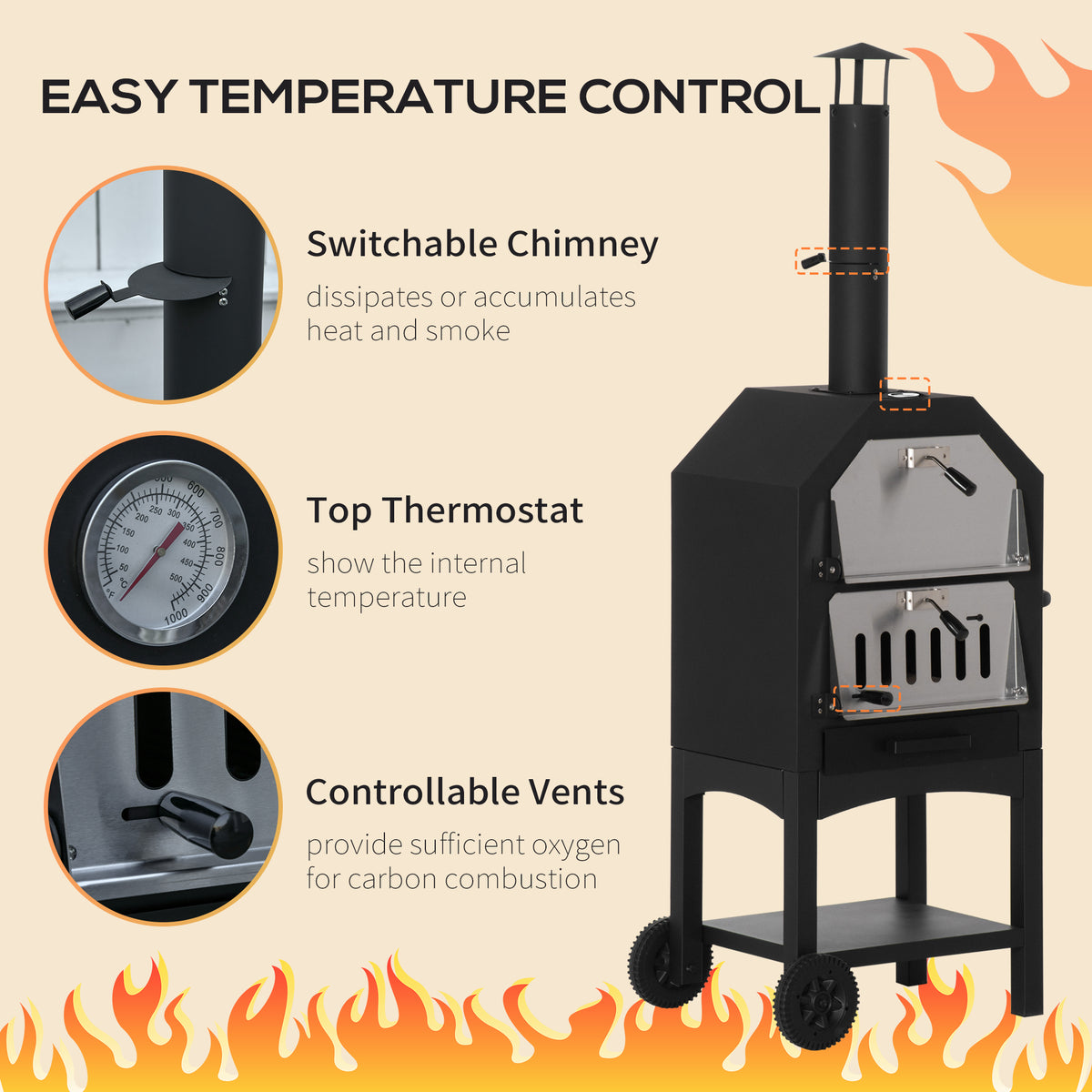 Outsunny Stainless Steel Charcoal Pizza Oven with Thermometer, Chimney & Wheels – Outdoor Garden Oven