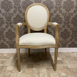 Louis Style 94cm High Back Linen Armchair with Oak Frame – Dining or Accent Chair, Cream