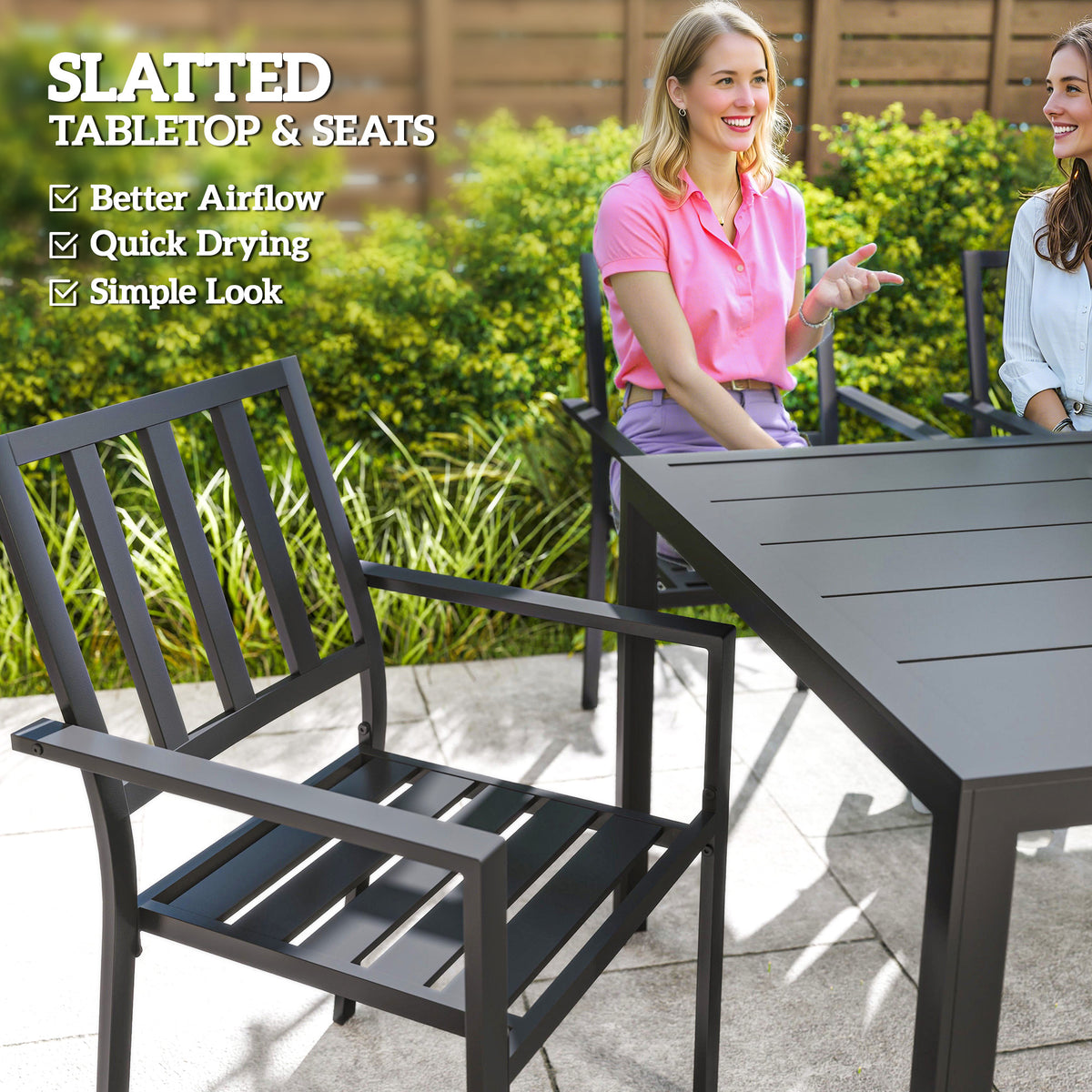 Outsunny 7-Piece Garden Dining Set with 6 Stackable Armchairs & Metal Table – Umbrella Hole, Black