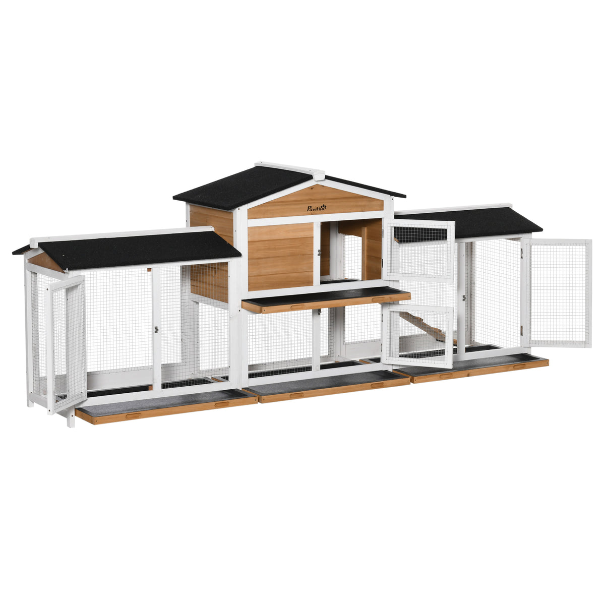 PawHut Two-Tier Wooden Rabbit Hutch with Two Runs, Slide-Out Trays & Ramp – Outdoor Guinea Pig Hutch