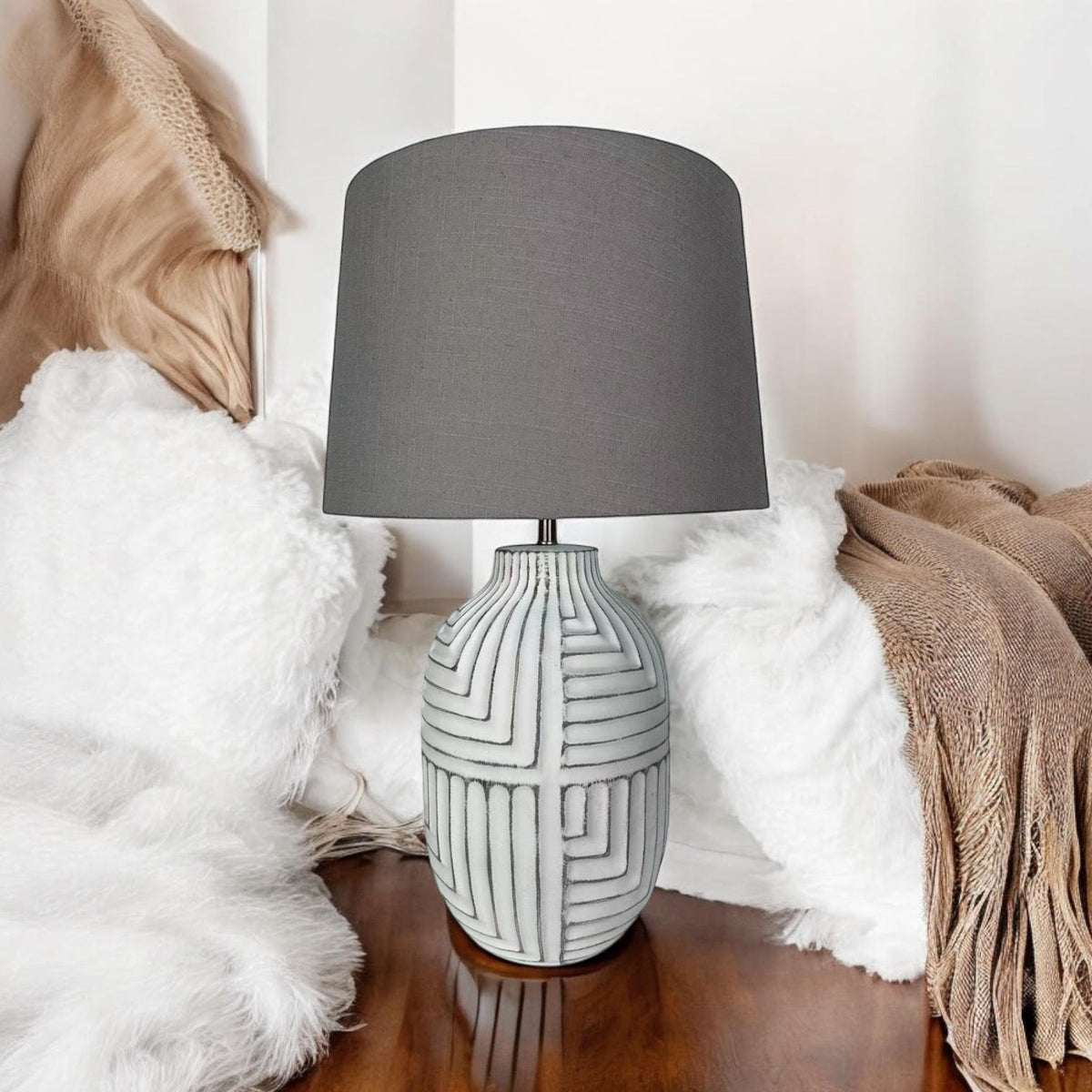 Oriental Floral Ceramic Table Lamp with Drum Shade – Large 50cm Hallway Lamp for Living Room or Bedroom, Stone Look