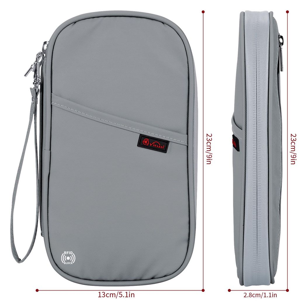 VINSANI Deluxe Passport & Travel Document Organiser with Card Slots & Zip – Grey