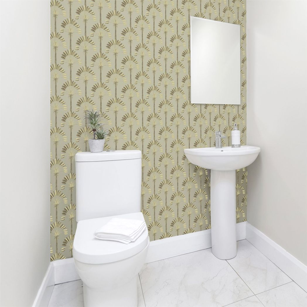 Arthouse Palm Palace Wallpaper with Metallic Gold Palms – Luxurious Exotic Colonial Style, Cream & Gold