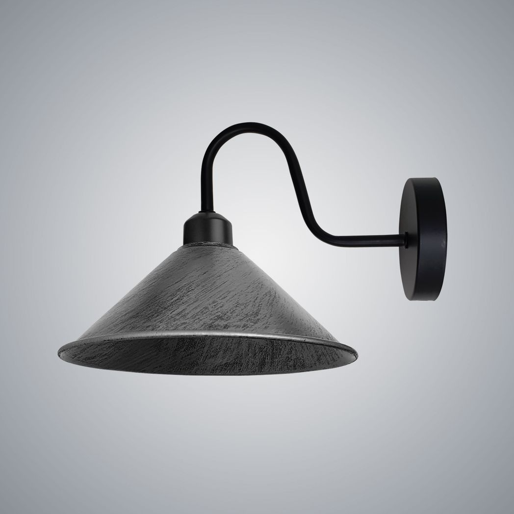 Vintage Swan Neck Wall Light, Cone Shade, E27 Socket – Dimmable Indoor Wall Sconce, Brushed Silver