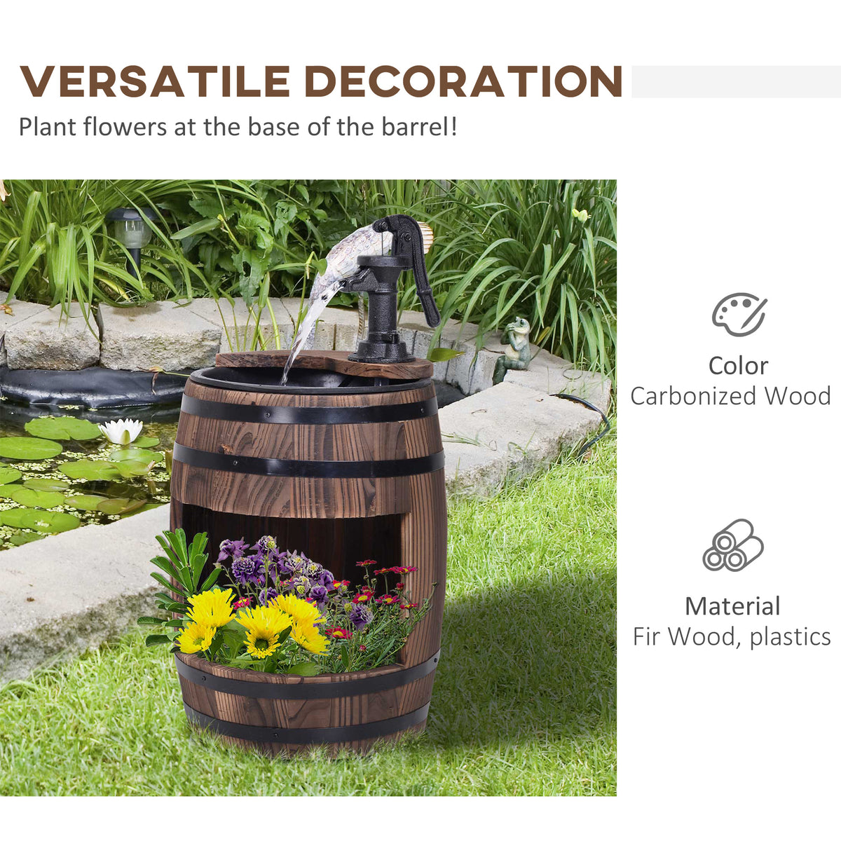 Outsunny Retro Water Pump Barrel Fountain, Solid Fir Wood – Garden Water Feature & Flower Planter Stand