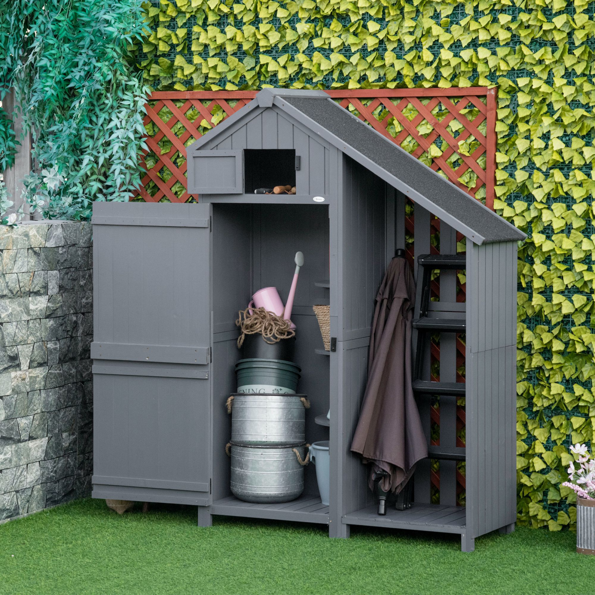 HOMCOM Wooden Garden Tool Storage Shed with 3 Shelves and Firewood Rack – Outdoor Fir Wood Storage, Grey