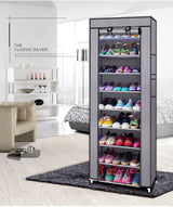 Space-Saving Fabric Shoe Rack, 10 Layers with 9 Compartments, 58 x 29 x 160cm, Grey