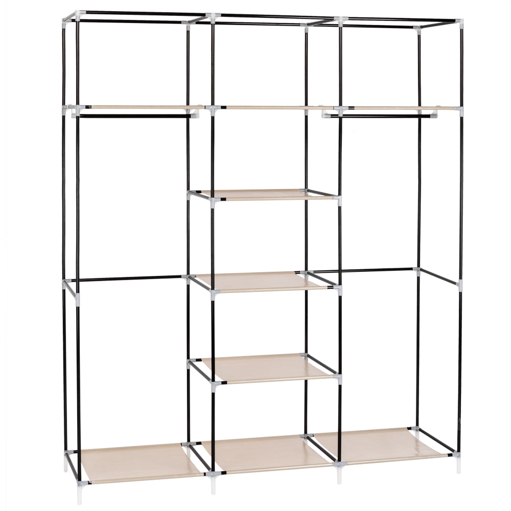 Portable Clothes Closet Wardrobe with 9 Shelves & Double Hanging Rod, 69" Fabric Organiser – Beige