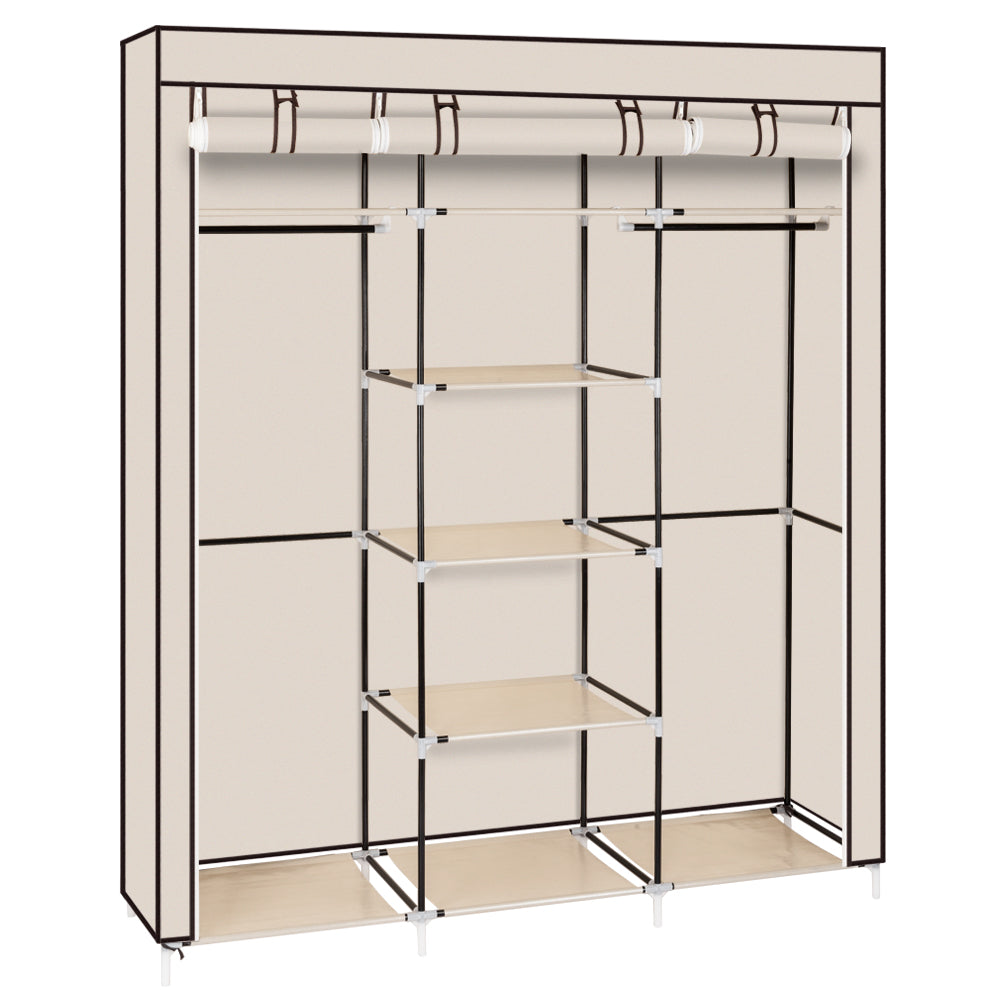 Portable Clothes Closet Wardrobe with 9 Shelves & Double Hanging Rod, 69" Fabric Organiser – Beige