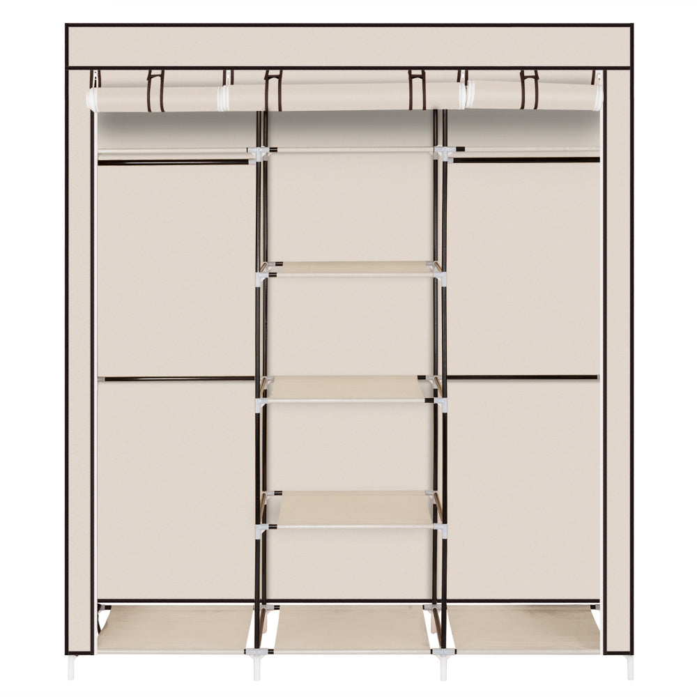Portable Clothes Closet Wardrobe with 9 Shelves & Double Hanging Rod, 69" Fabric Organiser – Beige