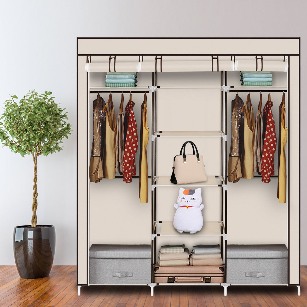 Portable Clothes Closet Wardrobe with 9 Shelves & Double Hanging Rod, 69" Fabric Organiser – Beige