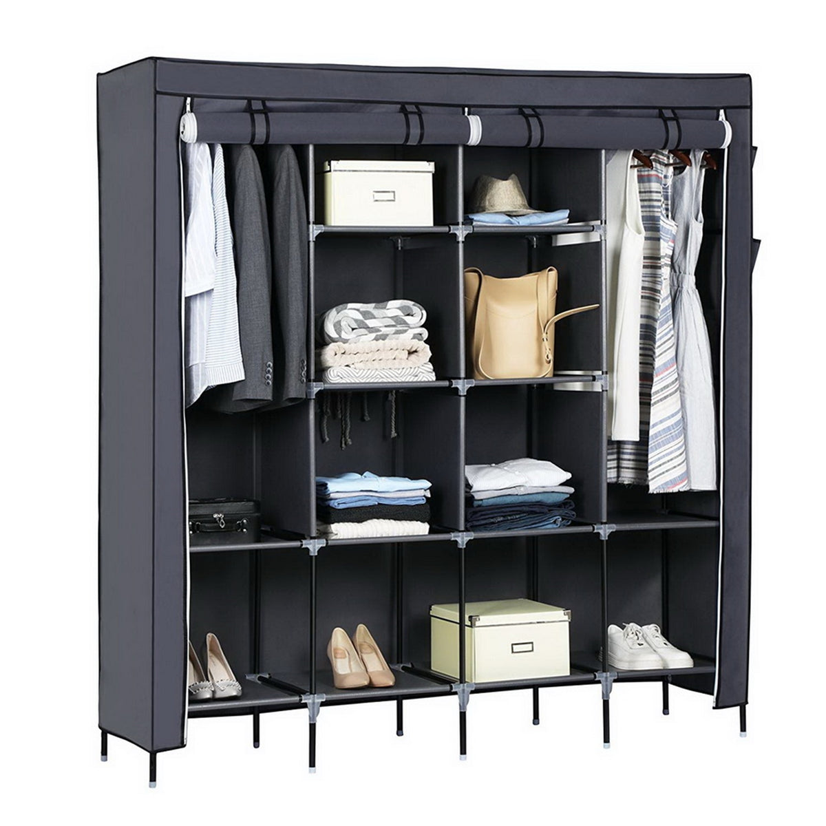 Portable Clothes Closet Wardrobe with 12 Shelves, 4 Side Pockets & Hanging Rod, 67" Storage Rack – Grey