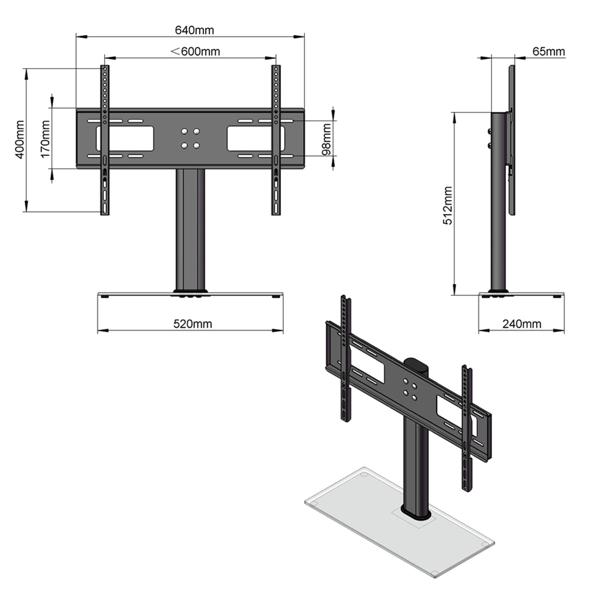 LEADZM TSD800 Wall Mount TV Bracket with Column for 32–55" TVs – 40kg Capacity, VESA 400 x 600, Black