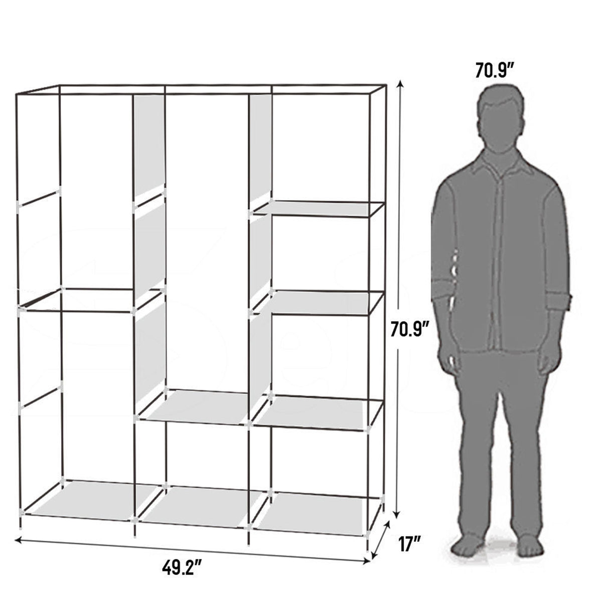 Portable Clothes Closet Wardrobe with 8 Shelves & Hanging Rod, 71" Fabric Storage Organiser – Grey