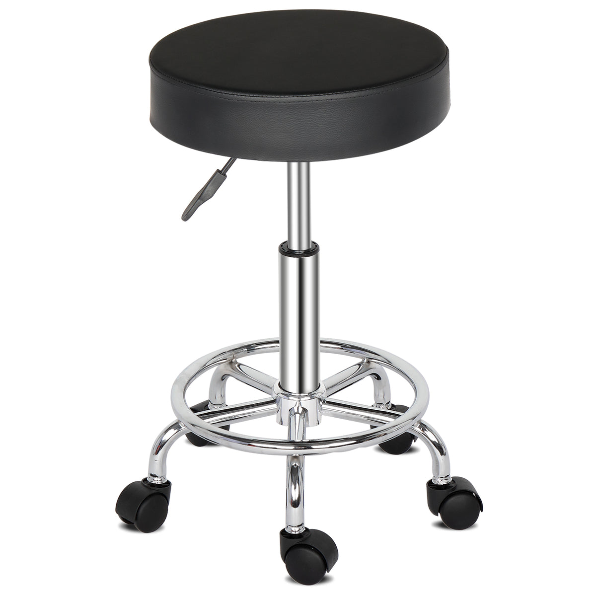 Round Rotating Bar Stool with Five Casters, PU Leather Seat & Chrome-Plated Base – 360° Swivel, Black