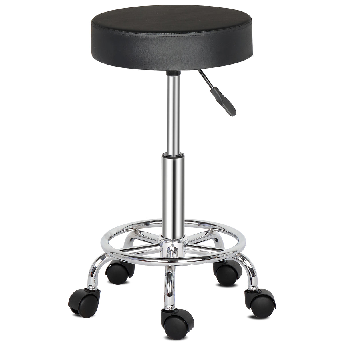Round Rotating Bar Stool with Five Casters, PU Leather Seat & Chrome-Plated Base – 360° Swivel, Black