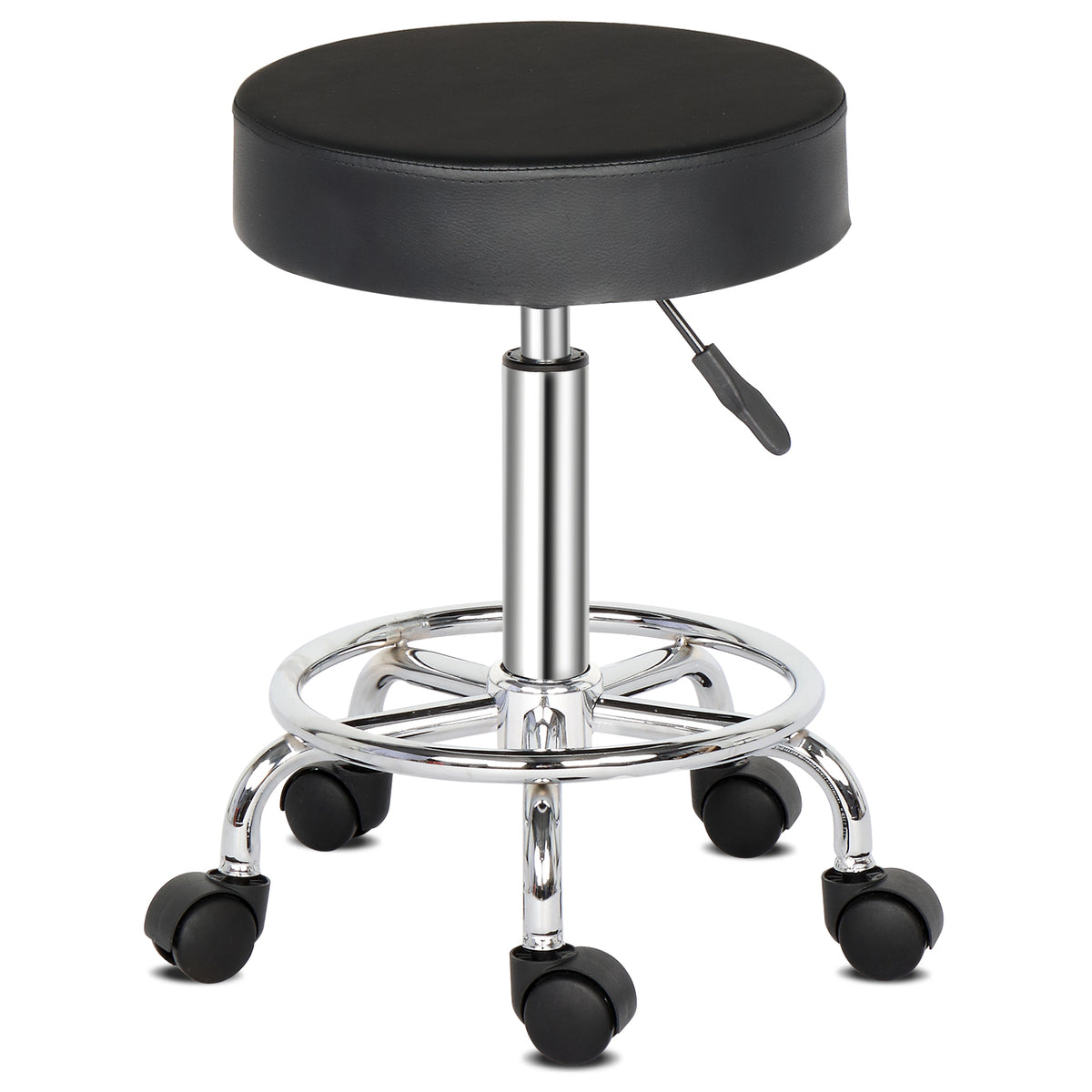 Round Rotating Bar Stool with Five Casters, PU Leather Seat & Chrome-Plated Base – 360° Swivel, Black